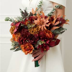 Wedding bouquets in rust burgundy cinnamon orange color theme. Bridal bouquet.Cascading bouquet. Faux bouquet. Bridesmaid bouquet 0033