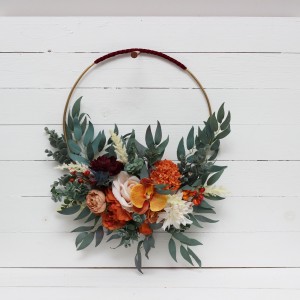 Rust orange burgundy color theme .Orchid dahlia floral hoop. Alternative bridesmaid bouquet. Boho wedding. Floral backdrop. 0035