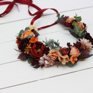  Boho flowers .Rust orange burgundy flower crown. Wedding headpiece Burgundy wedding. Bridal hairpiece. Bridesmaid crown.Flower girl crown. 0035