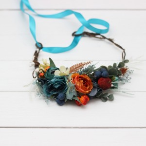 Teal rust ivory flower crown. Hair wreath. Flower girl crown. Wedding flowers. 0034