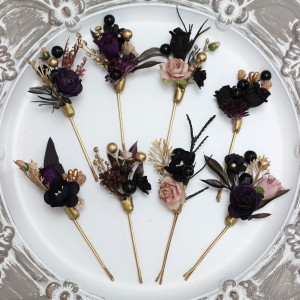  Set of 8 hair pins in  deep purple black gold beige color scheme. Hair accessories. Flower accessories for wedding. 5194