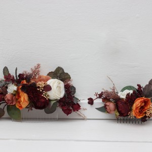 Flower combs in burgundy rust ivory cinnamon color scheme. Wedding accessories for hair. Bridal flower comb. Bridesmaid floral comb 0039
