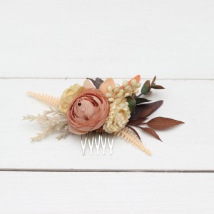 Flower comb in orange ivory rust terracotta color scheme. Wedding accessories for hair. Bridal flower comb. Bridesmaid floral comb. 0029
