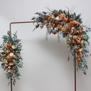 Flower arch arrangement in orange rust peach colors.  Arbor flowers. Floral archway. Faux flowers for wedding arch. 0001