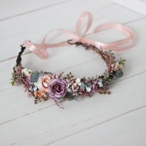 Dusty rose purple pink flower crown. Hair wreath in  pastel colors. Flower girl crown. Wedding flowers. 0004