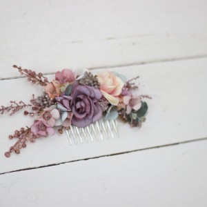 Flower comb in dusty rose purple pink color scheme. Wedding accessories for hair. Bridal flower comb. Bridesmaid floral comb. 0004