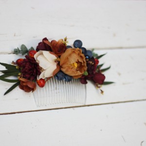 Flower comb in rust burgundy  ivory color scheme. Wedding accessories for hair. Bridal flower comb. Bridesmaid floral comb. 0007