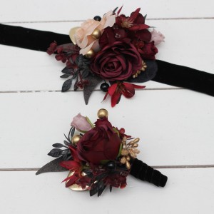  Wedding boutonnieres and wrist corsage  in Halloween color theme. Burgundy black gold beige  accessories. 0018