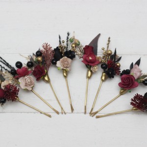  Set of 8 hair pins in  Halloween color scheme. Hair accessories. Burgundy black gold beige flower accessories for wedding. 0018