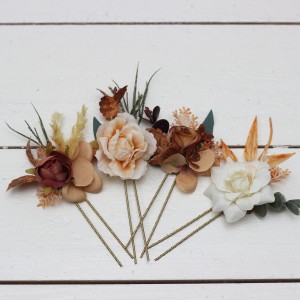  Set of 4 hair pins in  rust brown ivory color scheme. Hair accessories. Flower accessories for wedding. 0019