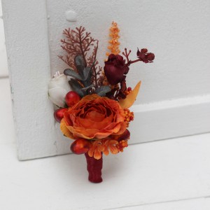  Wedding boutonniere and wrist corsage  in burgundy rust ivory color theme. Flower accessories. 0025