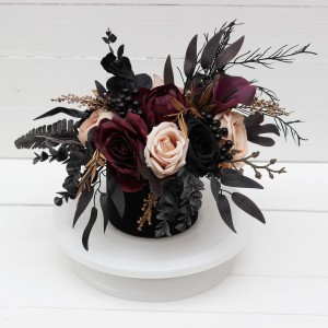 Deep purple black gold beige centerpiece. Table decor. Flowers in box. Wedding flowers . Halloween wedding. 5194