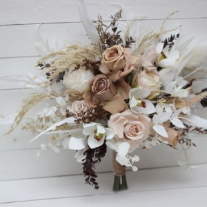 Beige white brown cascading bridal bouquet with orchids. 0026
