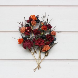  Set of  8 bobby pins in burgundy peach blue color scheme. Hair accessories. Flower accessories for wedding.  5077