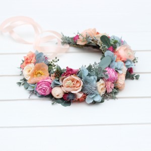 Magenta peach coral dusty blue  flower crown. Hair wreath. Flower girl crown. Wedding flowers. Colorful flower crown. Summer wedding. 5286