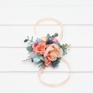  Wedding boutonnieres and wrist corsage  in magenta peach coral dusty blue color scheme. Flower accessories. 5286