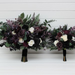 Bouquets in deep purple black ivory green color scheme. Bridal bouquet. Faux bouquet. Bridesmaid bouquet. Gothic black wedding bouquet. 5289