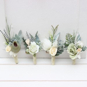  Wedding boutonnieres and wrist corsage  in sage green ivory  color scheme. Flower accessories. 5075