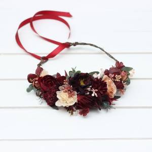 Burgundy red dusty rose peach flower crown. Hair wreath. Flower girl crown. Wedding flowers. 0501