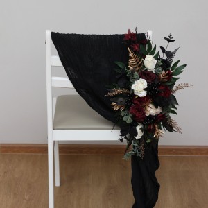 Aisle flowers in burgundy black gold ivory scheme. Chair flowers. Sign flowers. Wedding flowers. Flowers for wedding decor. 0032