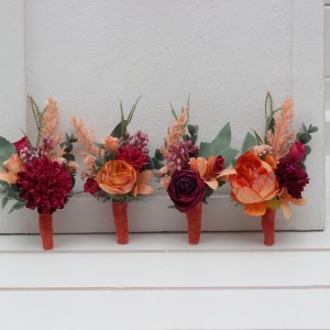  Wedding boutonnieres and wrist corsage  in magenta peach coral color scheme. Flower accessories. 5295