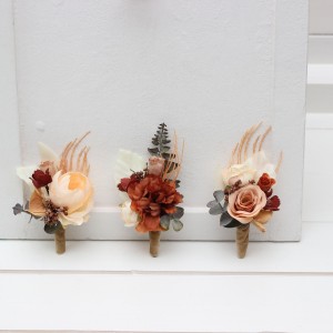  Wedding boutonnieres and wrist corsage  in terracotta brown cream color scheme. Flower accessories. 5100