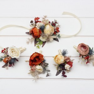  Wedding boutonnieres and wrist corsage  in rust orange cream color scheme. Flower accessories. 5179