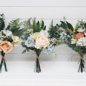 Mini bouquets for vases. Flowers for wedding decor. Ivory yellow peach dusty blue color scheme. Centerpiece. 5247