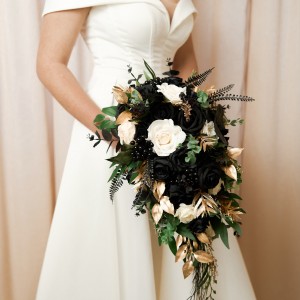 Bouquets in hunter green ivory black gold color scheme. Bridal bouquet in classic and cascade style. Faux wedding flowers. Bridesmaid bouquet. 5300
