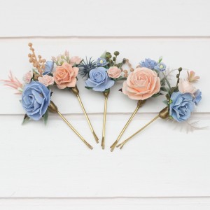  Set of  5 bobby pins in  dusty blue peach blush pink color scheme. Hair accessories. Flower accessories for wedding.  5302