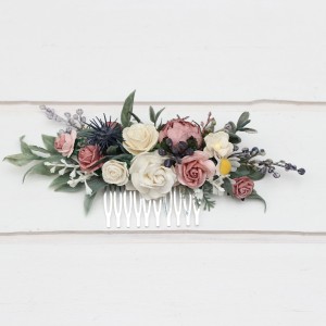 Flower comb in dusty blue dusty mauve ivory color scheme. Wedding accessories for hair. Bridal flower comb. Bridesmaid floral comb. 5303