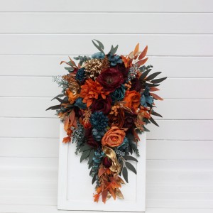Teal rust gold cascading bouquet. Orange burgundy bridal bouquet. Fall wedding. Silk flowers. Boho wedding. Halloween wedding. Jewel-tone wedding. 5311 Teal rust gold cascading bouquet. Orange burgundy bridal bouquet. Fall wedding. Silk flowers. Boho wedding. Halloween wedding. Jewel-tone wedding. 5311