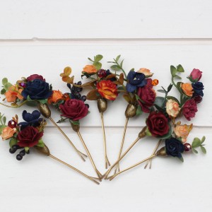 Set of  8 bobby pins  in  burgundy navy blue and rust color scheme. Hair accessories. Flower accessories for wedding.  5343