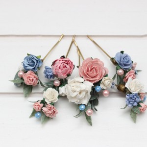  Set of  7 hair pins in  pink dusty blue color scheme. Hair accessories. Flower accessories for wedding.  5313