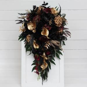Bouquets in black burgundy gold green color scheme. Bridal bouquet. Faux bouquet. Bridesmaid bouquet. 5305