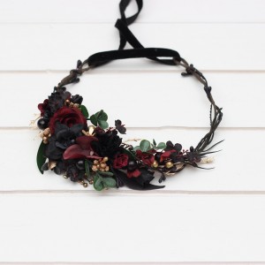 Black burgundy gold  flower crown.  Flower girl hair wreath. 5305
