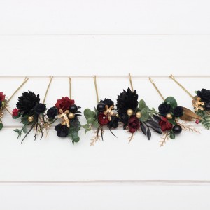 Set of  7 hair pins in black burgundy gold  color scheme. Hair accessories. Flower accessories for wedding.  5305