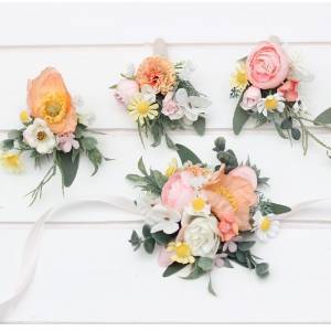  Wedding boutonnieres and wrist corsage  in blush pink white peach yellow color scheme. 5301