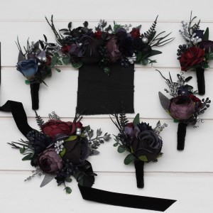  Wedding boutonnieres and wrist corsage  in purple black navy blue burgundy silver green color scheme. Flower accessories. Pocket boutonniere. 5320