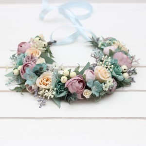 Dusty purple pale turquoise cream flower crown. Hair wreath. Flower girl crown. Wedding flowers. 5322