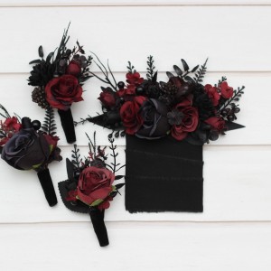  Wedding boutonnieres and wrist corsage  in black and burgundy color scheme. Flower accessories. Pocket boutonniere. 5325