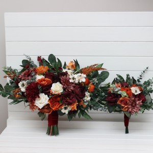 Bouquets in burnt orange burgundy cream color theme. Bridal bouquet. Faux bouquet. Bridesmaid bouquet. 5323