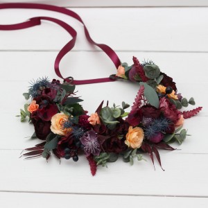Purple peach burgundy magenta flower crown. Hair wreath. Flower girl crown. Wedding flowers. 5316