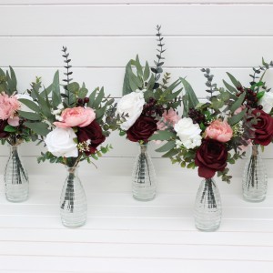  Burgundy blush pink ivory white mini bouquets for vases. Flowers for wedding decor. Centerpiece. 5036