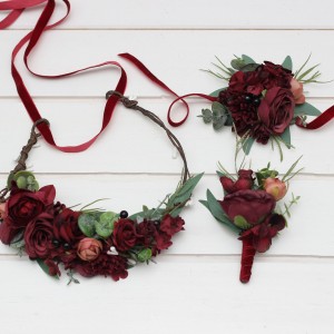  Wedding boutonnieres and wrist corsage  in burgundy dusty rosecolor scheme. Flower accessories. 5329