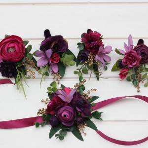  Wedding boutonnieres and wrist corsage  in purple magenta gold  color scheme. Flower accessories.5273