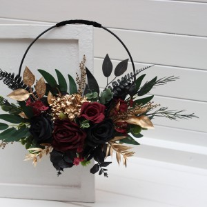 Flower hoop in burgundy black gold green color scheme. Alternative bridesmaid bouquet. 5305