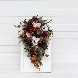 Cascade and classic Bridal bouquet. Bridesmaid bouquet. Burgundy ivory white brown flowers. Faux flowers. Fall wedding bouquet. Silk flowers. Boho wedding. Brown oliva greenery.  5310