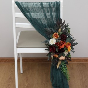 Aisle flowers in rust orange burgundy scheme. Chair flowers. Sign flowers. Marker flowers. Wedding flowers. Flowers for wedding decor. 0035
