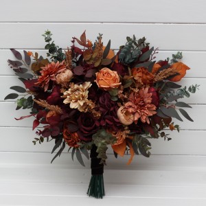 Bouquets in burgundy orange rust brown color theme. Bridal bouquet. Faux bouquet. Bridesmaid bouquet. 5330